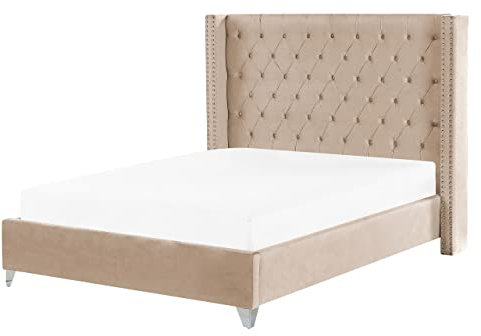 Beliani Bequemes Bett Samtstoff hohes Kopfteil in Beige 160 x 200 cm Lubbon