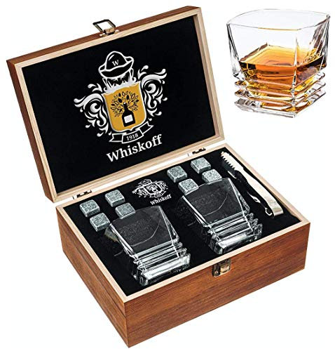 Juego de Regalo de Copas de Cristal Roca - Vaso Scotch con Base Fuerte - Caja de Regalo de Madera - Piedras de enfriamiento para Whiskey de Bourbon Juego de Whiskey de Bourbon
