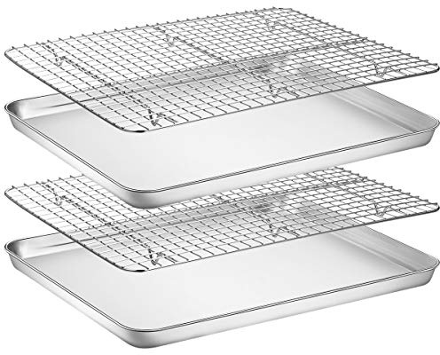 Baking Sheet with Rack Set [2 Pans + 2 Racks], Wildone Stainless Steel Cookie Sheet Baking Pan Tray with Cooling Rack, Size 16 x 12 x 1 Inch, Non Toxic & Heavy Duty & Easy Clean