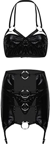 TiaoBug Damen Wetlook Bügel BH Bra und Hohe Taille Rock mit Metall Ring Lack Leder Strumpfgürtel Strumpfhalter Strapse Dessous Set Schwarz XXL