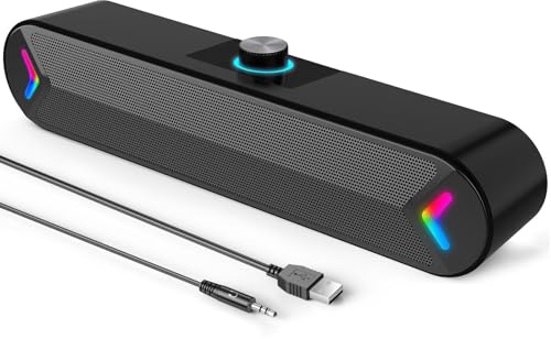 LENRUE Computer Speakers,PC Speakers for Desktop,Wired USB-Powered Sound-bar for Computer with 10W Stereo Sound and Colorful Light,Plug-n-Play (A39PRO /Black)