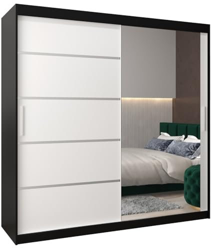 MEBLE KRYSPOL Kleiderschrank mit Spiegel Verona 2 - Garderobenschrank - Schrank Schlafzimmer - Mehrzweckschrank Zwei Schiebetüren - Regalen - Flur Möbel - Kleiderstange Schrank - Allzweckschrank