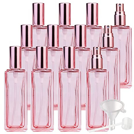 BasicPacking 12 Pieza 30ml Botella de Cristal Rosa con Pulverizador, Perfume Bote de Spray Viaje con Tapas de Rosa, Vidrio Cuadrado Atomizador de Perfume Recargable Para hombre y mujer