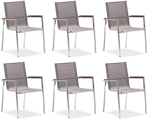 Zelsius 6X Premium Gartenstuhl aus Edelstahl mit Teak Holz Armlehne | 55 x 56 x 88 cm | Taupe | Balkonstuhl für Garten und Terrasse | stapelbar und wetterfest | Terrassenstuhl | 6 Balkonstühle Set