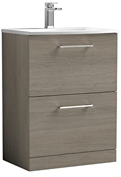 nuie ARN2533G Arno Modern Bathroom Floor Standing 2 Drawer Vanity Unit with Curved Ceramic Basin, 600mm, Woodgrain Solace Oak
