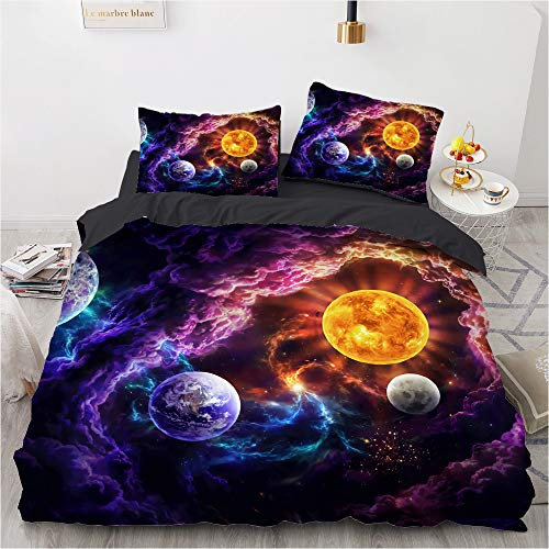 Luowei Bettwäsche 135x200cm 3D Universum Weltraum Motiv Bettbezug Set Mikrofaser Kinder Jungen Deckenbezug mit Reißverschluss und 1 Kissenbezug 80x80 cm – (Galaxy 7, 135 x 200 cm)
