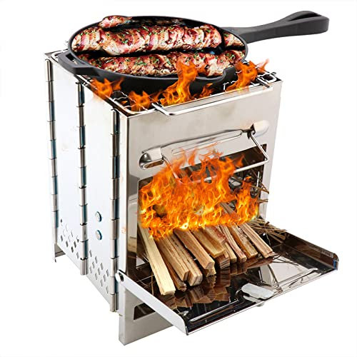 Faltbar Campingkocher Holzofen Edelstahl Mini Holzvergaser Tragbar Kompakt Kocher für Picknick BBQ Camping Wandern Reisen Multifunktionales,Silver,L
