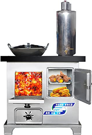 YYUINU Multifunktionaler Kohleofen aus Gusseisen, energiesparender Holzofen mit 16-Liter-Warmwasserspeicher und Backofen mit großem Fassungsvermögen, rauchfreier Kochherd und Heizofen,D