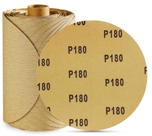 100 discos de lija PSA dorados de 6 pulgadas, grano 180, papel de lija autoadhesivo, óxido de aluminio, papel de lija abrasivo para carpintería, madera, metal, rollo de disco de lijado