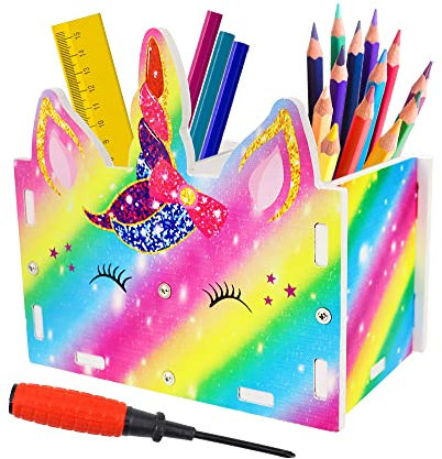 Buntes Kinder Tisch Organizer aus Holz Multifunktions Stiftehalter Schreibtisch Schreibtisch Makeup Brush Holder Organizer Stifteköcher Rosa Einhorn Stifte Organizer für Kinder