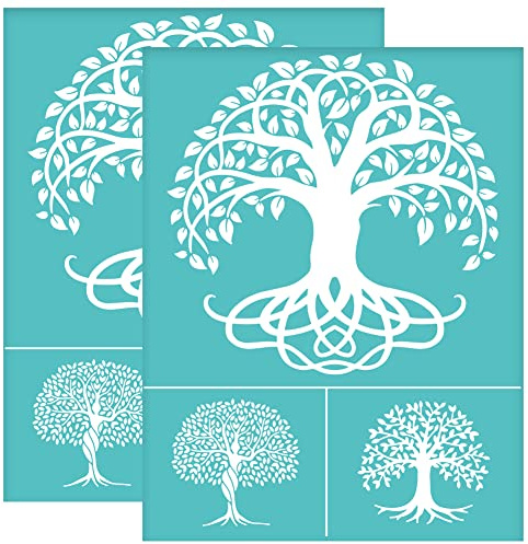 OLYCRAFT 2 stencil autoadesivi per serigrafia, motivo albero della vita, 21,8 x 28 cm, riutilizzabili, per dipingere su legno, magliette e borse