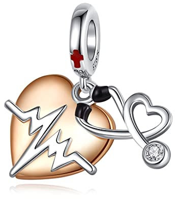 BEEUVIP Damen Herzschlagstethoskop Dangle Charm Anhänger für Armband 925 Sterling Silber Geburtsstein Charms Beads passend für Armband