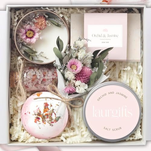 Orchid & Jasmine Spa Gift Box for Women – Luxury Pamper Set with Candle, Soap & Bath Treats – Birthday Gifts for Women, Spa Gifts for Mum, Relaxing Pamper Gift for Her