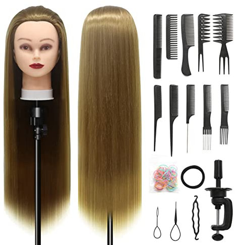 Trainingsköpfe, 28 inch Übungskopf Frisierkopf Friseur 100% Synthetikfaser-Haar Styling Kopf Frisierkopf für Frisöre mit kostenloser Klemme und DIY Flechtset (#27)