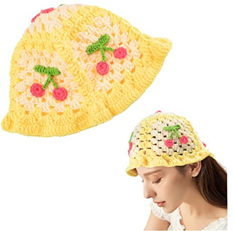 OSOPLAY Gestrickte Bucket Hat für Frauen Handmand Floral Beanies Cap, Kirschgelb, Einheitsgröße