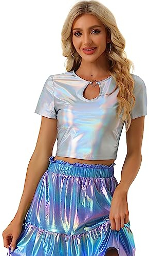 Allegra K Damen Metallic Crop Top Schlüsselloch Kurzarm Party Glitzer Holographic Bluse Silber Holographisch M