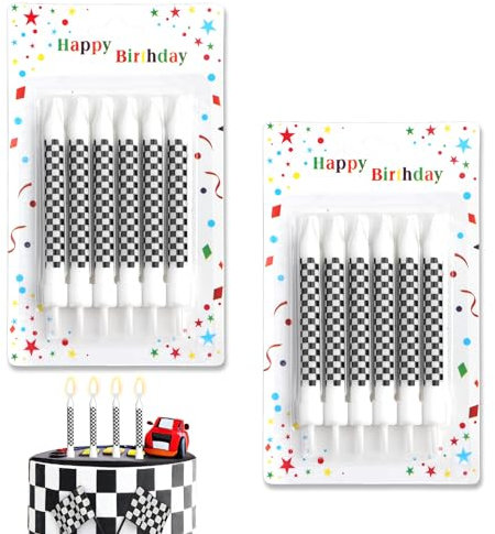 IBEIKE Black and White Checkered Birthday Cake Candles - 12 Pcs Racing Cars Themed Birthday Candles, Race Car Cake Toppers Sign for Race Car Party Supplies Sport Events Decoration Car Birthday Party