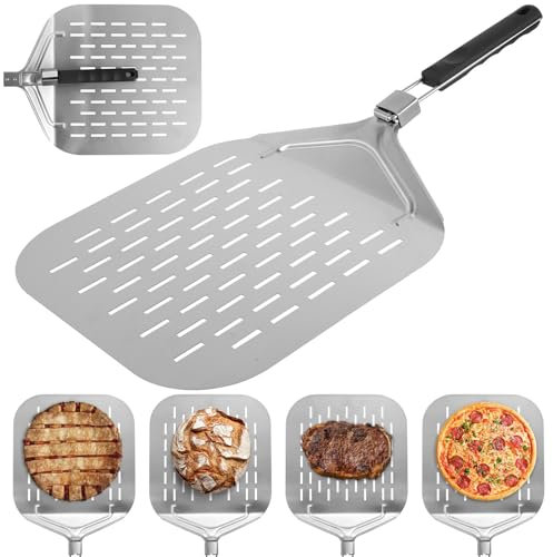 Perforated Pizza Peel, 24.9×12.4In Stainless Steel Pizza Spatula with Folding Handle, Non Stick Rustproof Pizza Peel Paddle, Rectangular Pizza Turning Peel Pizza Paddle for Home Kitchen Pizza Oven