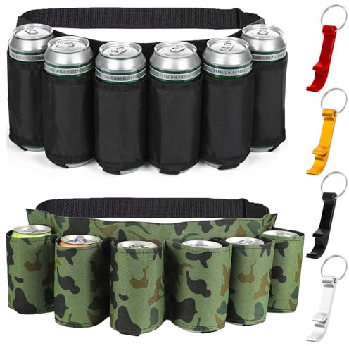 NINGYER 2 Stück Biergürtel, Tragbarer Bierhalter Gürtel Hält 6 Dosen, Mit 4 Metallflaschenöffnern, Geeignet für Camping, Wandern und Versammlungen im Freien (Schwarz, Tarngrün)
