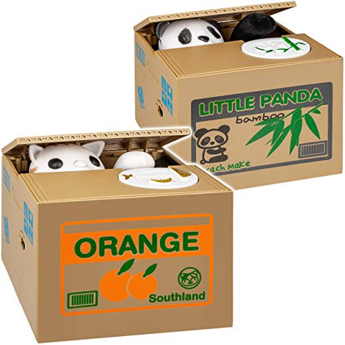 alles-meine.de GmbH 2 Stück elektronische Spardosen - Tiere in Box - mit Bewegungssensor - klauender Panda + Katze - mit Verschluss Sparschwein für Münzen Kinder Familienkasse..
