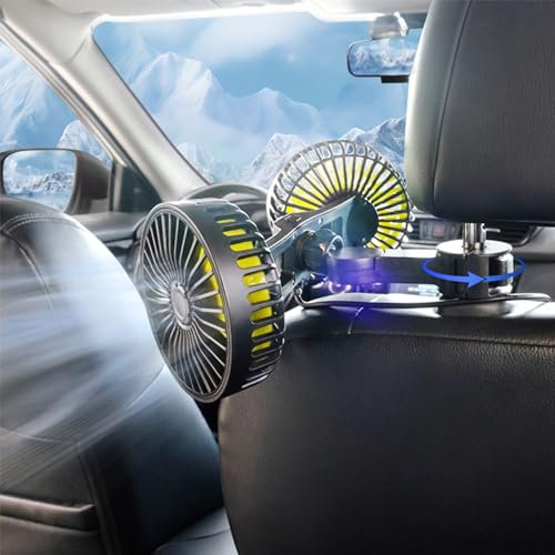 Ventilador de coche portátil alimentado por USB de doble cabeza para reposacabezas de asiento de coche, 3 velocidades de aire y rotación de 360 ° para asiento trasero, potente ventilador de