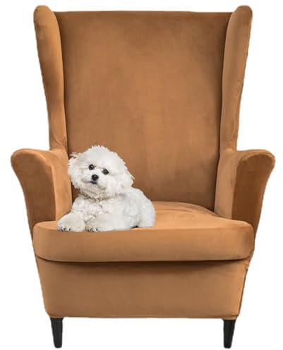 2-Teilig Ohrensessel Überzug, Sessel-Überwürfe, Samt Ohrensessel Überzug, Sesselbezug Ohrensessel, Plüsch Stuhlhussen Sessel, Möbelbezüge Schutz für Wohnzimmer Schlafzimmer Dekoration (Camel)