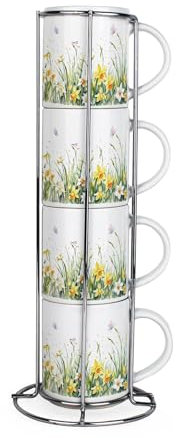 Daffodil Stacking Mugs Set - Springtime Flowers Ceramic Tea/Coffee Cups - Drinkware Mug Gift Set with Metal Stand/Holder Set of 4
