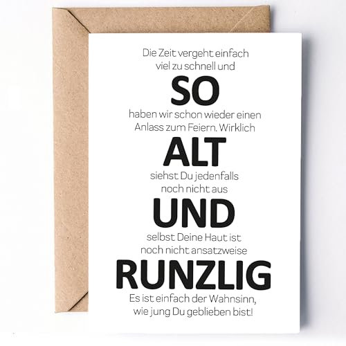 KAMEWI® Grußkarte ALT UND RUNZLIG | Klappkarte mit Briefumschlag aus Kraftpapier | Lustiges Geschenk Runder Geburtstag Geburtstagskarte