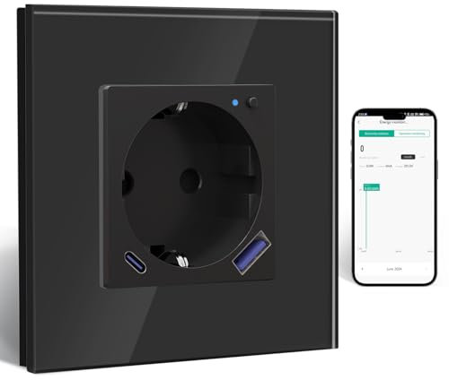 BSEED Wlan Schuko Steckdose mit USB C 20W Schnellladegerät,Smart Wifi Steckdose Unterputz mit Strommessung,Arbeit mit Alexa/Google Home,Stromzähler für Steckdose mit Smart Life App,1 Fach 86mm Schwarz