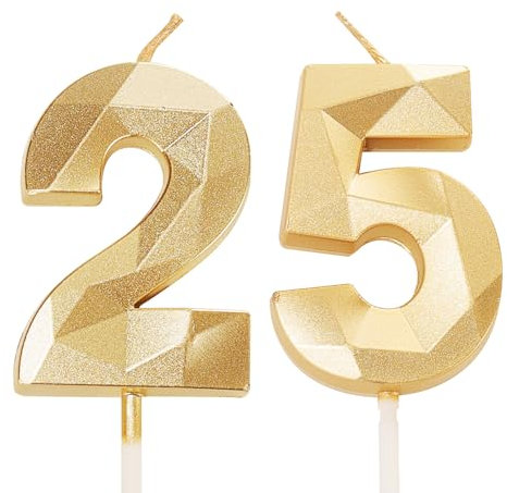 25th Birthday Candles Gold Number for Cake - Toppers for 25 Year Old Girls, Her, Him, Women, Men