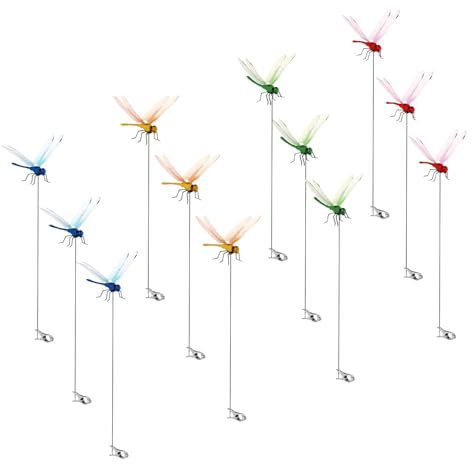 12pcs Dragonfly Clip, 12.4x3.54in 3D Fake Dragonfly Stakes Dragon Fly Clip On Ornament Dragonfly Garden Stake Decorative Garden Stakes for Indoor Outdoor Garden(4 Colors)