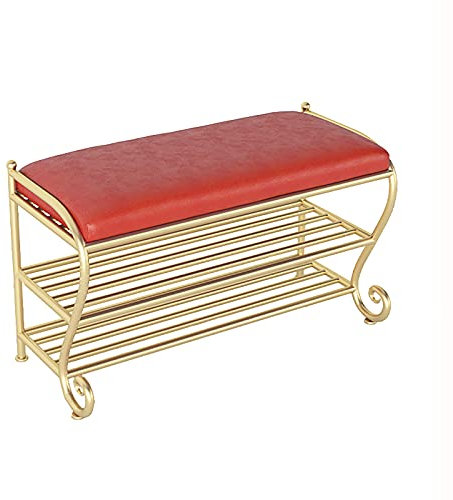 AYVADA Luxuriöse Schuhbank für den Eingangsbereich mit Sitz aus Kunstleder, 2-stufiges Schuh-Organizer-Regal aus Metall, Moderne Veranda, Flur, Schuhregal, Bank, Aufbewahrungsbank, Rot, 80 x 35 x 4