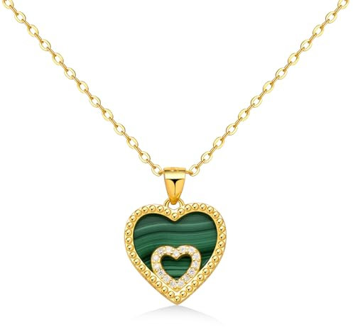 JENDEAR Damen AAA Edelstein Anhänger Herzkette, Echte Naturstein Halskette Silber 925, 18K Vergoldet (Grün)