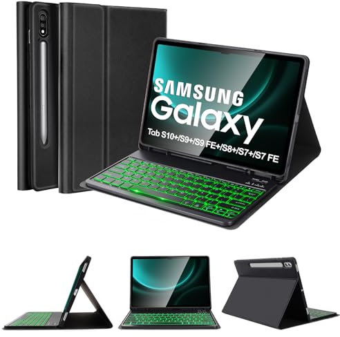 SOPPY Backlit Keyboard Case for Samsung Galaxy Tab S10+ Plus/S9+ Plus/S9 FE+ /S8+ /S7+ /S7 FE 12.4, 7 Colors Backlit, Wireless Keyboard with Case & Pen Holder for Samsung Tab 12.4 inch, Black