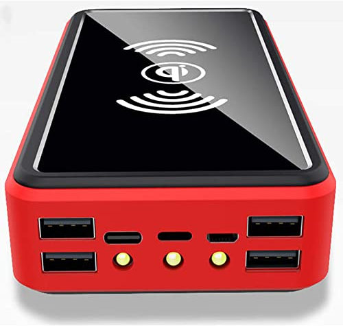 Solar Power Bank 100000mAh, Wireless Solar Charger with 5 Outputs 4 Inputs, Outdoor Powerbank External Battery Pack with LED Flashlights Portable Charger for Smartphones, Tablets etc,Red