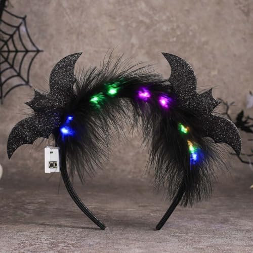Reaky Bandeau lumineux d'Halloween Bandeaux d'éclairage LED Bandeau de cheveux d'araignée noire à paillettes Costume de festival Accessoires de cheveux d'Halloween pour femmes