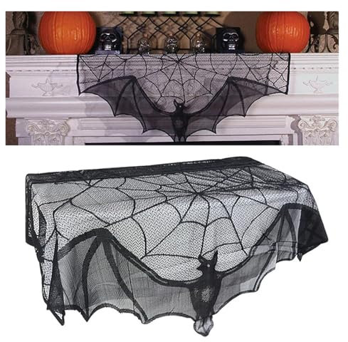 Decoración navideña Camino de mesa de murciélago de Halloween, mantel de encaje de telaraña negra, cortina de chimenea for fiesta de Halloween, decoración del hogar, accesorios de terror Decoraciones