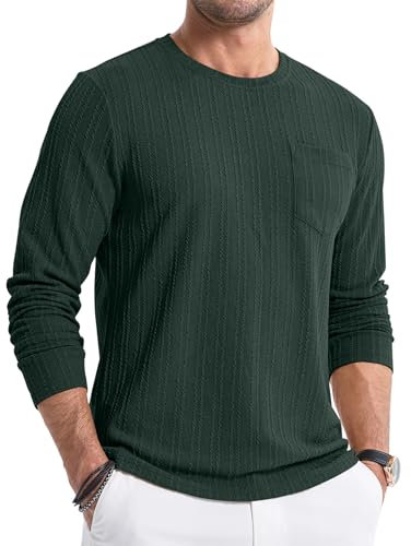 Meilicloth Mens T-Shirt Long Sleeve T Shirt Men Casual Pullovers Jumpers for Men Sweatshirts Stretch Textured Longline Ribbed Tops Tee with Pocket Green Large