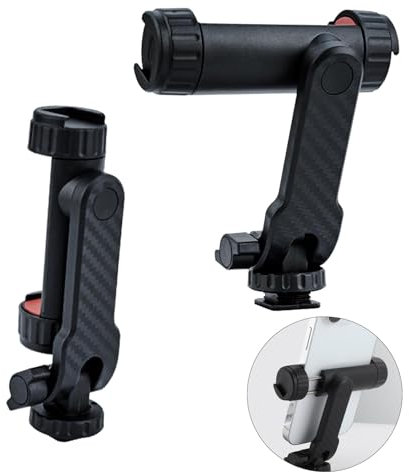 360 Rotation Smartphone Tripod Mount Adapter, Smartphone Bracket with 2 Cold Shoe and 1/4 Screw, 180° Tilts Adjustable Cell Phone Clamp Compatible with iPhone 16 15 Pro Galaxy S24 Ultra Pixel Huawei