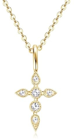 ROUGEMONT Funkelnde Moissanit Damen Kreuz Halskette Katharina Gold 2mm 0,03ct, Lab grow Diamond 45cm Halskette mit Anhänger 925 sterling Silber 18K Gold
