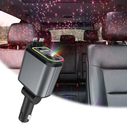 4 In 1 Retractable Car Charger, 120W Car Charger Adapter, Car Phone Fast Charger Car Accessories Phone Charger Compatible With i-Phone & Type-C With Starlight Projection In Car Roof (A)