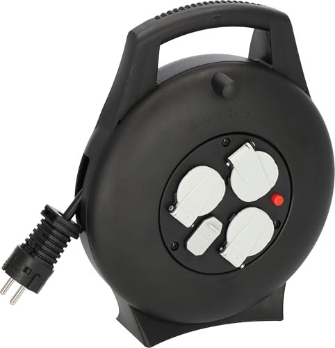 Brennenstuhl Vario Line Enrollacables doméstico con 3 enchufes y carga USB para interiores (Enrollacables con función de carga USB y 10m de cable, fabricado en alemania) negro