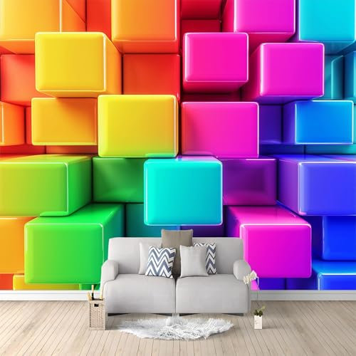 Fototapete 3DEffekt 3D-Würfel-Farbblöcke -Vliestapete Wohnzimmer Schlafzimmer Vlies Wanddekoration Tapete Wandtapete UV-Beständig (400 x 280 cm)