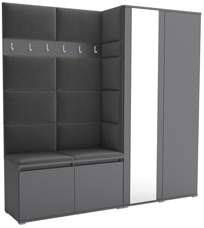 Brent - Flurgarderobe Luton 4, Garderobe Set: Schuhbank mit Sitzfläche, Garderobenpaneel, Garderobe mit Spiegel, Flur Möbel, Grau + Polsterpaneele in Grau