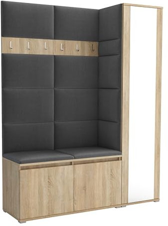 Brent - Garderobenschrank Flur Sonoma Eiche mit sitzbank 145 cm Breit Luton 7 - Multifunktionale Flurgarderobe Set mit Stauraum und Wandpaneel, Garderobe mit Sitzfläche und Kleiderhaken
