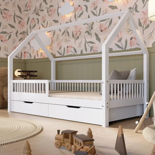 Crazy Pine Hausbett mit Schubladen 120x200 cm – Montessori Kinderbett aus Kiefernsperrholz mit Rausfallschutz – Sicheres Kinderbett in Weiß für Jungen und Mädchen - Crazy Piona