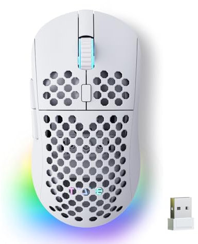 TMKB M1 Mouse Wireless Gaming,Mouse Tre Modalità 2.4 G/USB-C/Bluetooth Fino 24000 DPI,Retroilluminazione RGB,Mouse Ergonomico con 6 Pulsanti Programmabili,Ultra Leggero per Win/Mac-Bianco