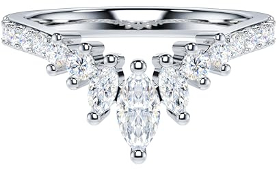 Marquiseschliff & runder echter Moissanit oder simulierter Diamant Sterlingsilber leicht V-Form Krone passender Ehering, Metall Sterling Silber Metall: Aus Sterlingsilber Moissanit, Moissanit