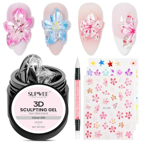 SUPWEE 3D Sculpting Gel, 3D Gel for Nails Non-Stick with Flower Stickers | Decals Star Nails Stickers Design Decoration Self-Adhesive Silicone Pen Sculpting 15g Clear