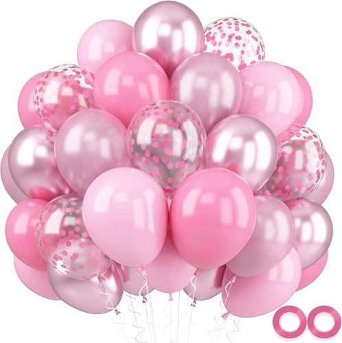 Lot de 60 ballons roses métallisés mats avec ruban pour décoration de fête d'anniversaire, de mariage, de princesse - 30,5 cm